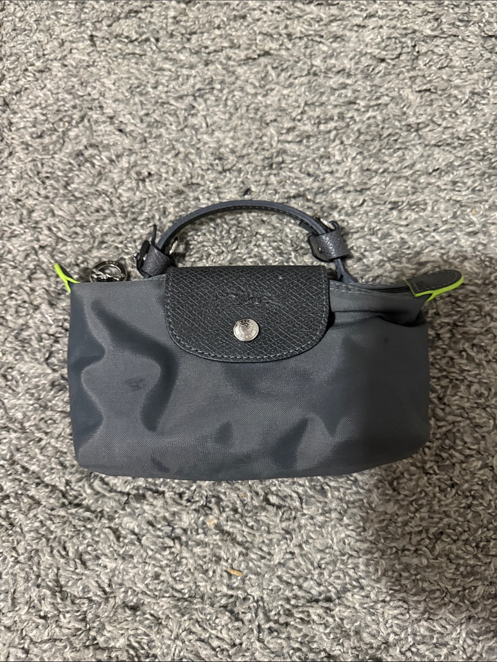 Longchamp Black Mini Nylon Top-Handle Bag with Neon Lime Trim